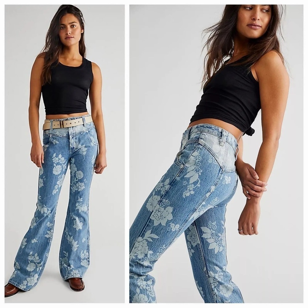 Free People We The Free Naomi Floral Printed High Rise Flare Leg Jeans 2…